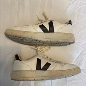 Veja V-10 White Leather Sneakers with Black V Logo - Men Size 10